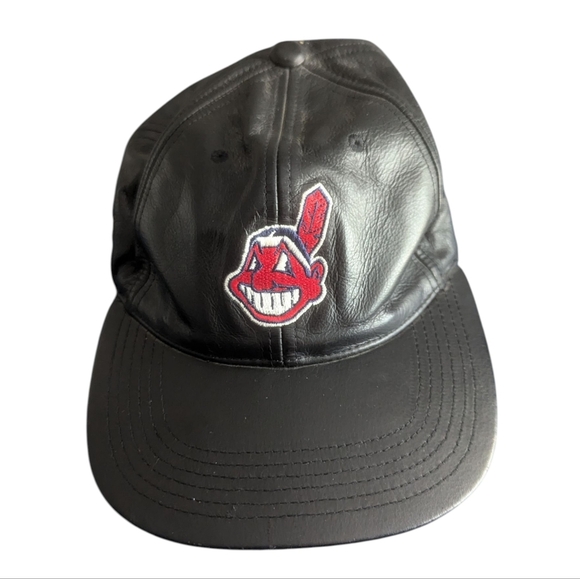 Vintage Leather Chief Wahoo MLB Cleveland Indians Baseball Strapback Hat - Picture 1 of 4
